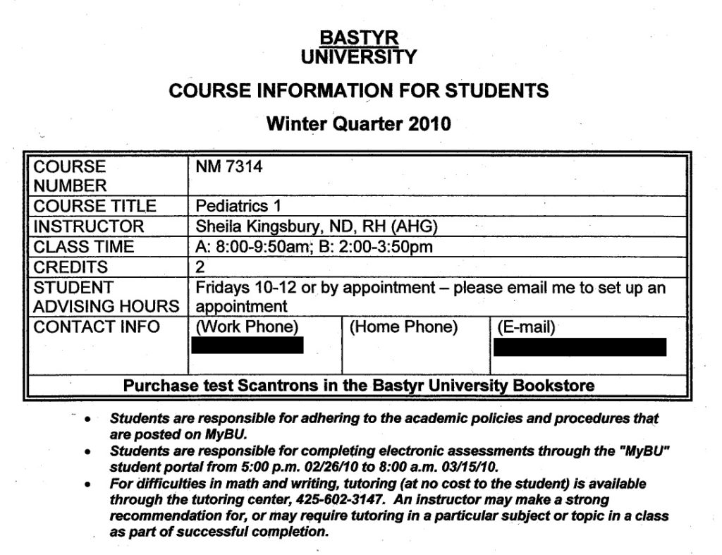 Bastyr NM 7314 pediatrics 1 syllabus page1